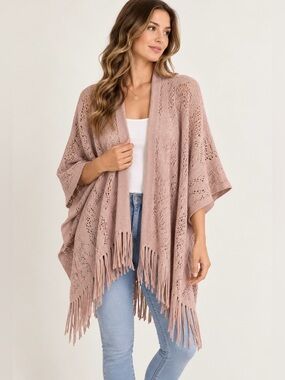 Woolworths delicate crochet lace fringe shawl open cardigan blush pink OS